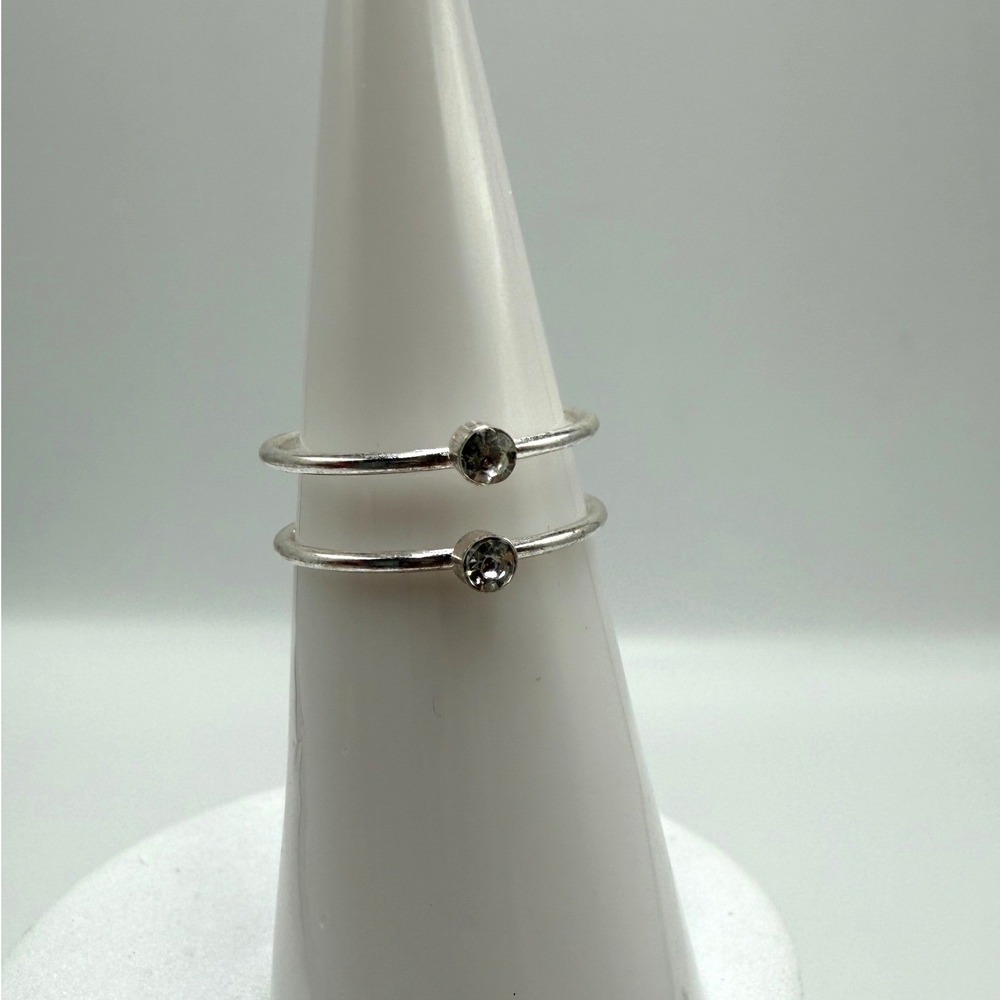 Silver Tone Double Band Rhinestone Ring Dainty Stackable Adjustable Size 4.5